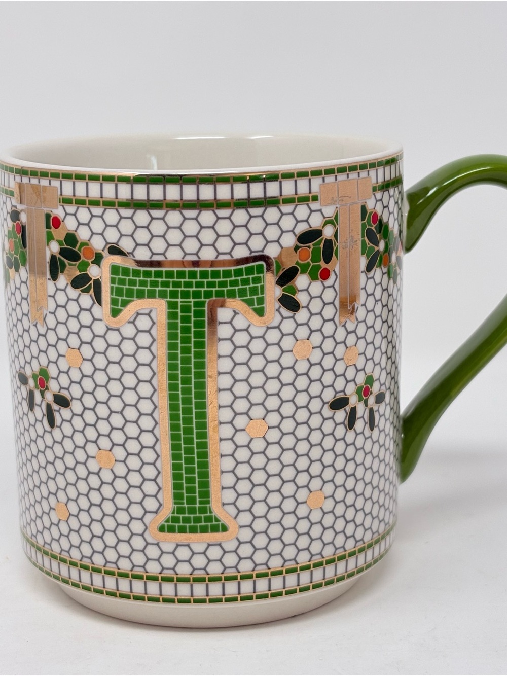 Anthropologie Tile Design Letter T Green Coffee Mug Gold Accents 14oz